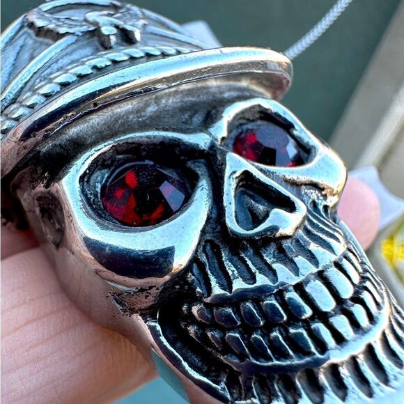Men's Bold Skull Pendant Necklace with Red Eyes - 24" Stainless Steel Chain - Picture 17 of 17